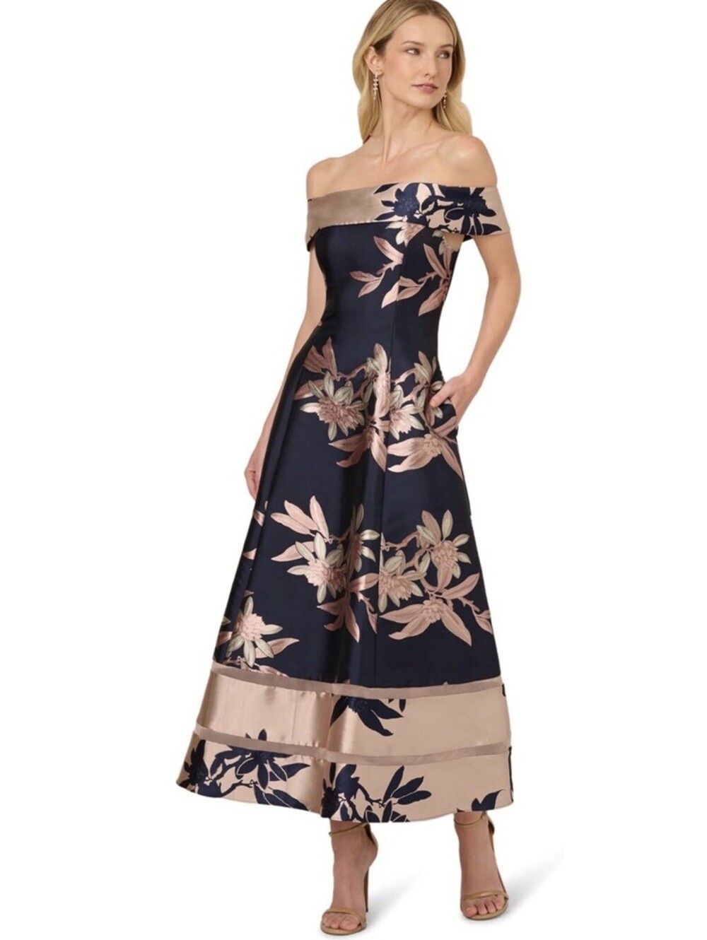 Adrianna Papell Floral Off Shoulder Jacquard Dress Size 6 Navy/Blush NWT $269